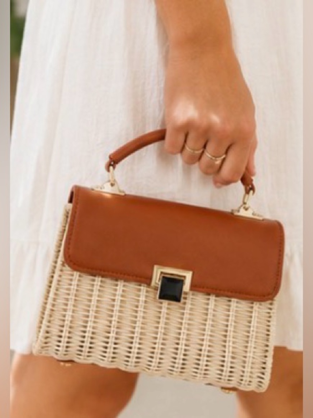 Tommy Bahama Natural Woven Rattan Leather Top Handle Satchel Crossbody Bag Tan - Picture 3 of 16